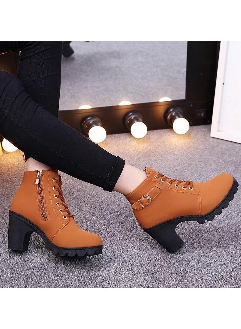 Women's Lace-Up Ankle Boots, Block Heel with Side Zipper and Buckle Strap Detail - Image 3