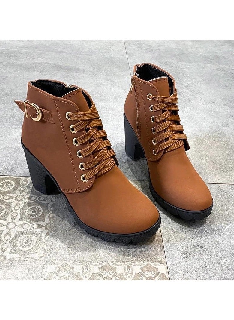 Women's Lace-Up Ankle Boots, Block Heel with Side Zipper and Buckle Strap Detail - Image 4