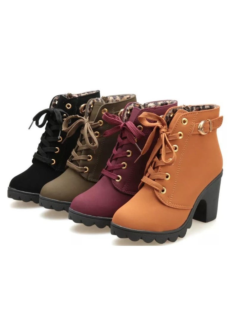 Women's Lace-Up Ankle Boots, Block Heel with Side Zipper and Buckle Strap Detail - Image 5
