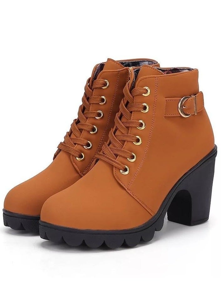 Women's Lace-Up Ankle Boots, Block Heel with Side Zipper and Buckle Strap Detail - Image 1
