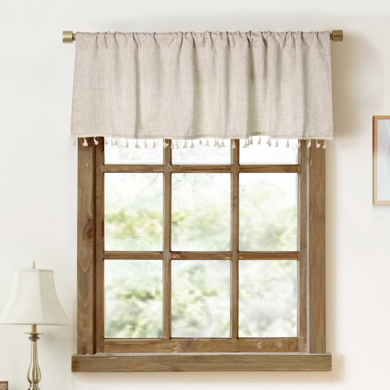 Oindec Faux Linen Tassel Kitchen Valances for Windows Modern Farmhouse Neutral Valance Curtains Topper Country Rustic Bathroom Small Window Treatment Boho Decor (54x15 inch, Natural) - Image 1