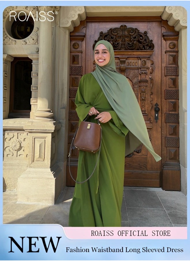 roaiss - Women's Chiffon Muslim Dress Fashionable Loose Fitting Long Sleeved Banquet Dress Temperament Versatile Waist Tightening A-Line Dress - Image 1