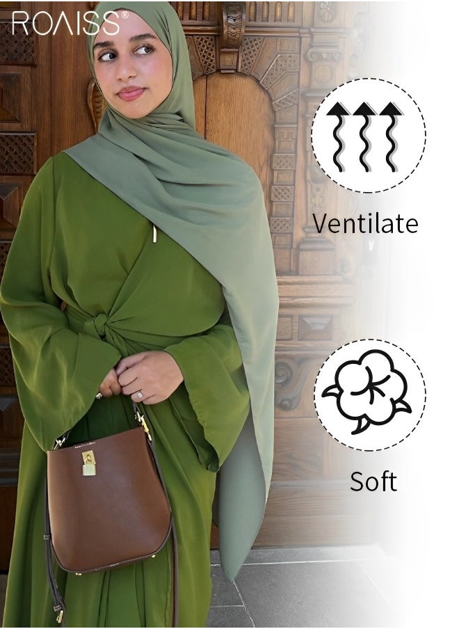 roaiss - Women's Chiffon Muslim Dress Fashionable Loose Fitting Long Sleeved Banquet Dress Temperament Versatile Waist Tightening A-Line Dress - Image 1