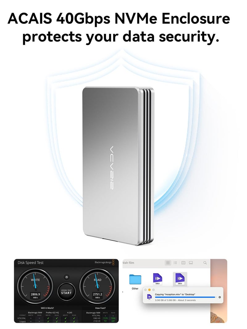 ACASIS 40Gbps M.2 NVMe SSD Enclosure with Aluminum Housing, No Noise M.2 Enclosure Compatible Thunderbolt5/4/3/USB4/3.2/3.1/3.0/2.0,NVMe ssd Enclosure for MacBook Air /Pro Support 2280/2260/2242/2230 - Image 2