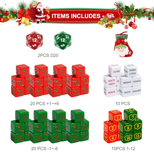 FIGURESLAB 62PCS Christmas Themed MTG Dice Set with Stocking MTG Dice Counters Bulk Ability Keywords Token Plus 1 Shield Life Counter Keyword Buff Tokens Dice for TCG CCG Cards Gaming Accessories - Image 5