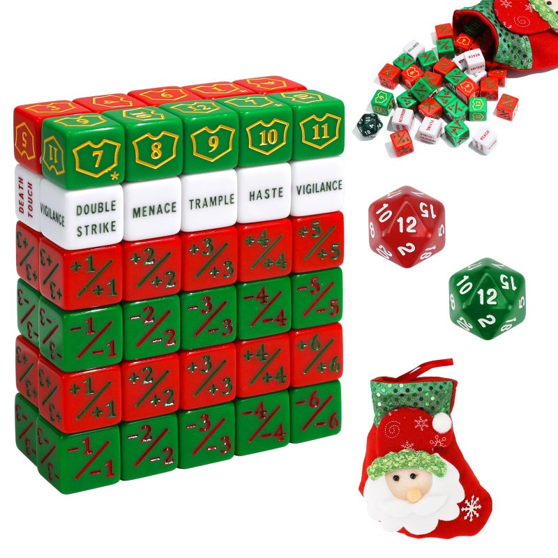 FIGURESLAB 62PCS Christmas Themed MTG Dice Set with Stocking MTG Dice Counters Bulk Ability Keywords Token Plus 1 Shield Life Counter Keyword Buff Tokens Dice for TCG CCG Cards Gaming Accessories - Image 3