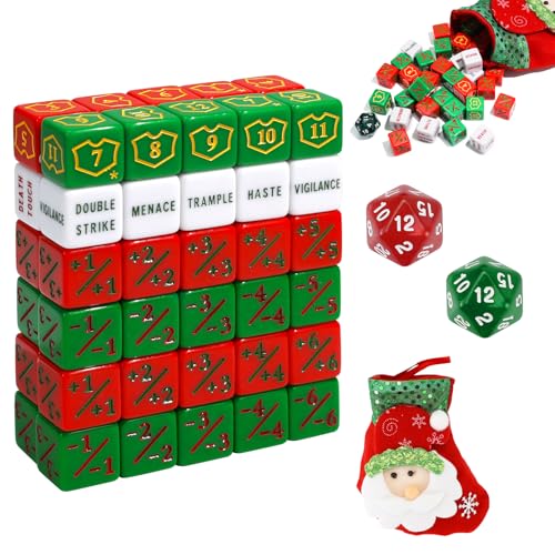FIGURESLAB 62PCS Christmas Themed MTG Dice Set with Stocking MTG Dice Counters Bulk Ability Keywords Token Plus 1 Shield Life Counter Keyword Buff Tokens Dice for TCG CCG Cards Gaming Accessories - Image 1