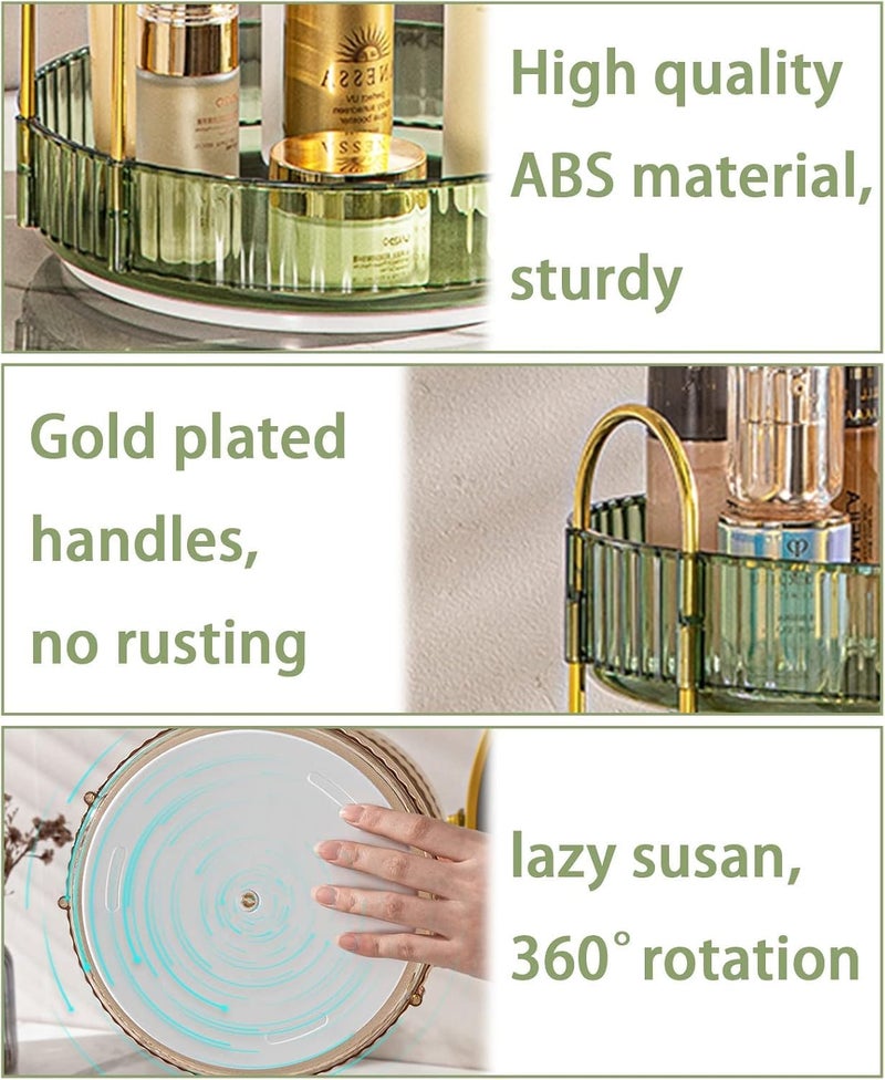 Dravina 360° Rotating Makeup Organizer Rack| 2 Tier Standing Countertop Cosmetic Vanity Tray For Makeup, Skincare|Corner Rack For Bedroom,Bathroom (2 Layer- Green (Rack) + Gold Rods) - Image 3