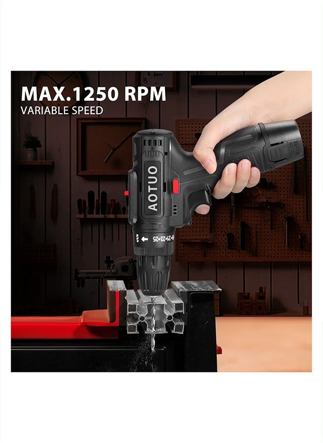 AOTUO Cordless Impact Hammer Drill Driver 24V 2 Gear Speed LED Light and 2 Batteries Included for Wood Cement Concrete Ceiling Brick Wall  - Image 4