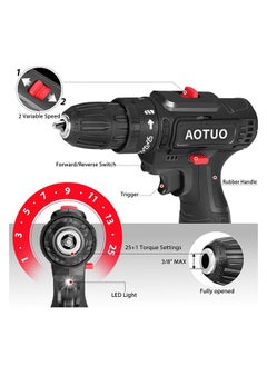 AOTUO Cordless Impact Hammer Drill Driver 24V 2 Gear Speed LED Light and 2 Batteries Included for Wood Cement Concrete Ceiling Brick Wall  - Image 3