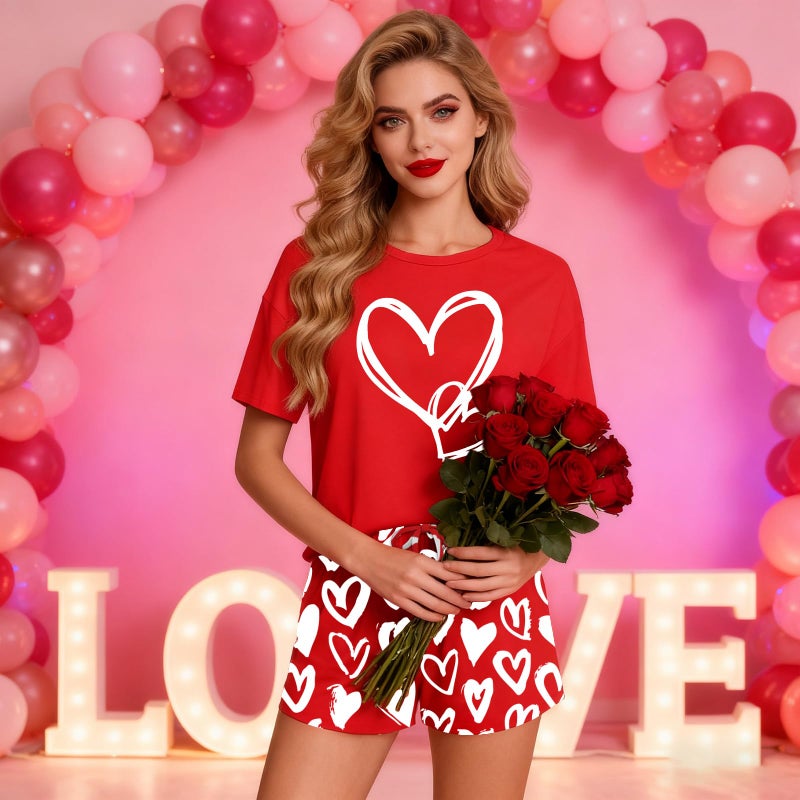 PECHAR Valentine Pajamas Women: Valentines Pjs 2 Piece Short Sleeve Heart Shirts and Pants Sleepwear Set Loungewear - Image 3