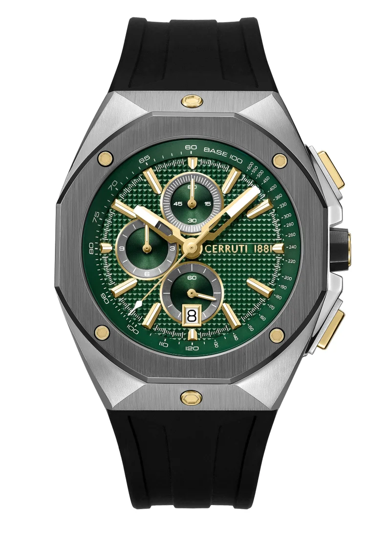 Arezzo Chronograph Watch for Men - Guilloche Matte Green Dial, Black Silicon Strap