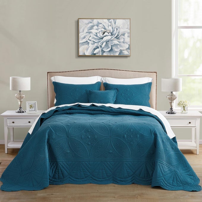 OVERSIZED BEDSPREAD KING SIZE BEDDING COVER MODERN CONTEMPORARY COVERLET SET REAL STITCHING REVERSIBLE LIGHTWEIGHT 5 PIECE BLUE