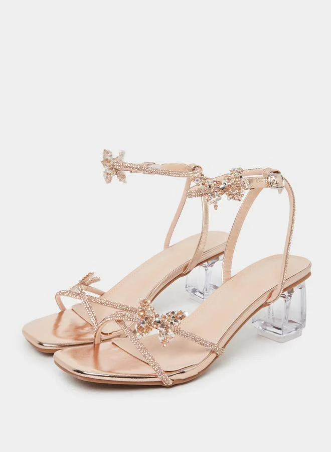 تايك تو Take Two Embellished Butterfly Cross Strap Block Heel Sandals