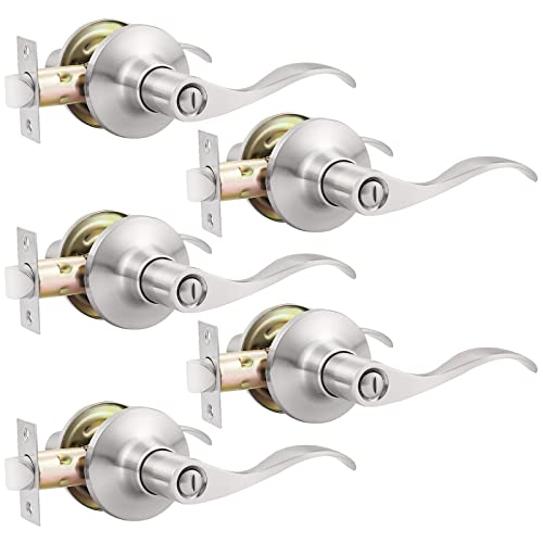 GOBEKOR 5 Pack Brushed Nickel Door Handle Interior Door Levers Privacy for Bedroom Bathroom Door Lock Keyless Wave Lever Door Handles - Image 1