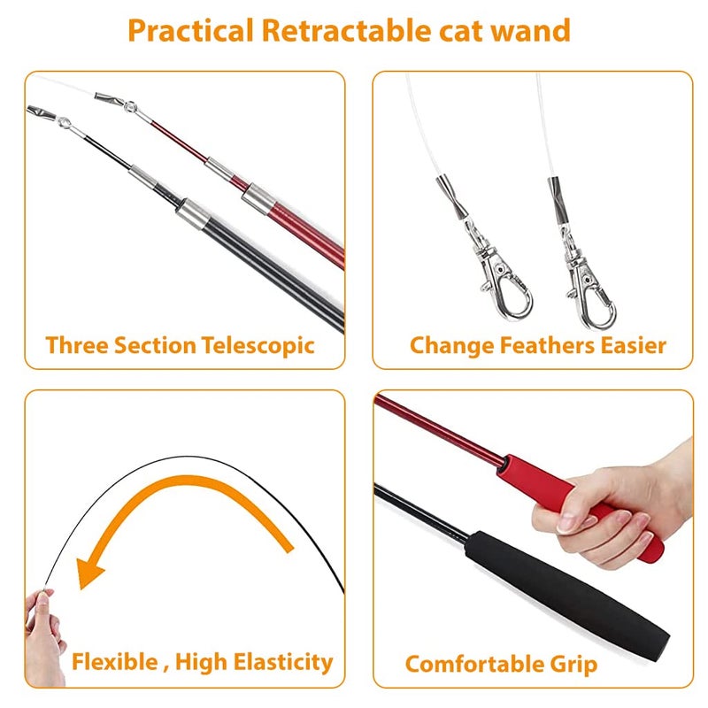 Qpets® ® Cat Teaser Toy,11 Pcs Cats Toys Set with 2 Retractable Teaser Wand & 5 Feather Teaser & 4 Worm Teaser for Kitten to Play Chase Activity Exercise - Image 4