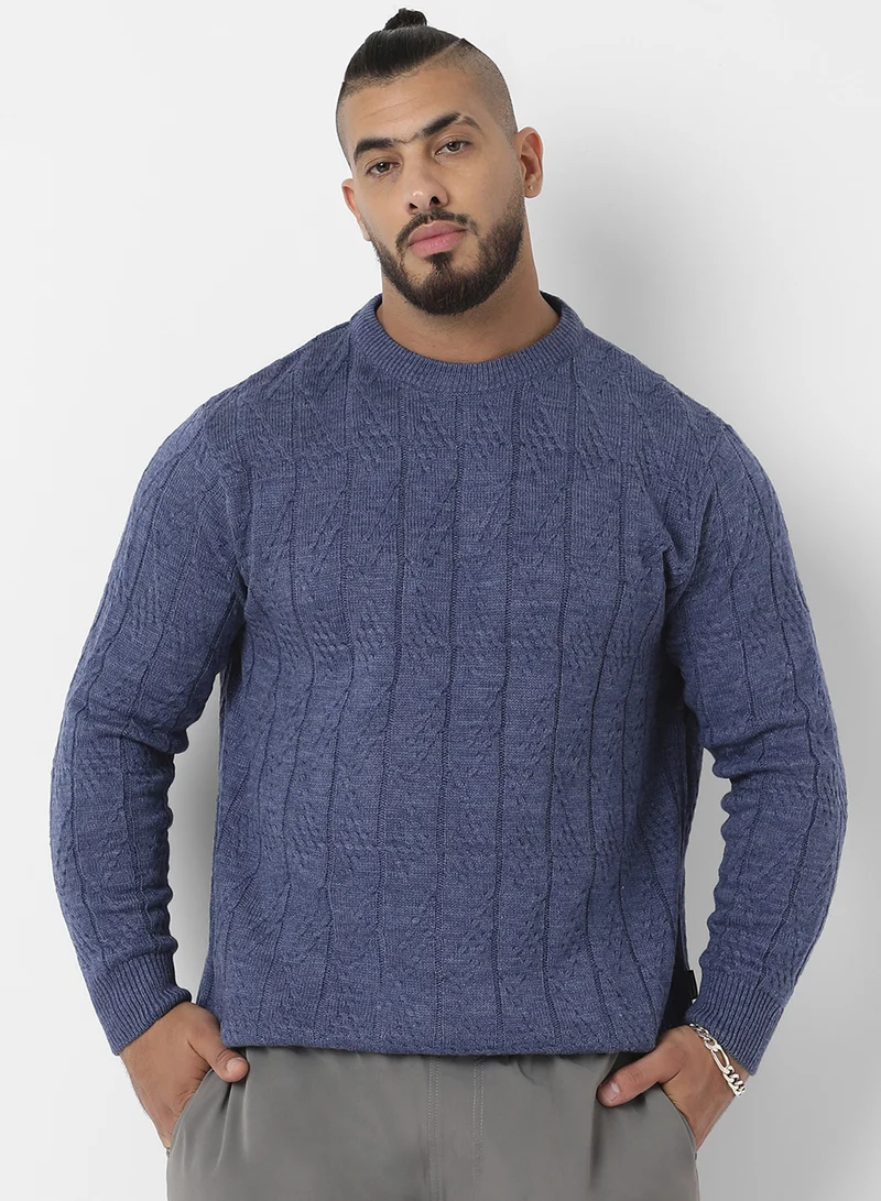 انستافاب بلس Instafab Plus Men's Blue Textured Knit Pullover Sweater For Casual Wear | Crew Neck | Long Sleeve | Pull On Closure | Woll sweater Crafted With Comfort Fit For Everyday Wear