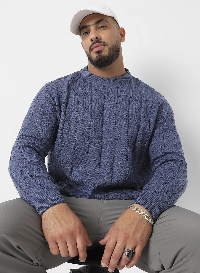 انستافاب بلس Instafab Plus Men's Blue Textured Knit Pullover Sweater For Casual Wear | Crew Neck | Long Sleeve | Pull On Closure | Woll sweater Crafted With Comfort Fit For Everyday Wear