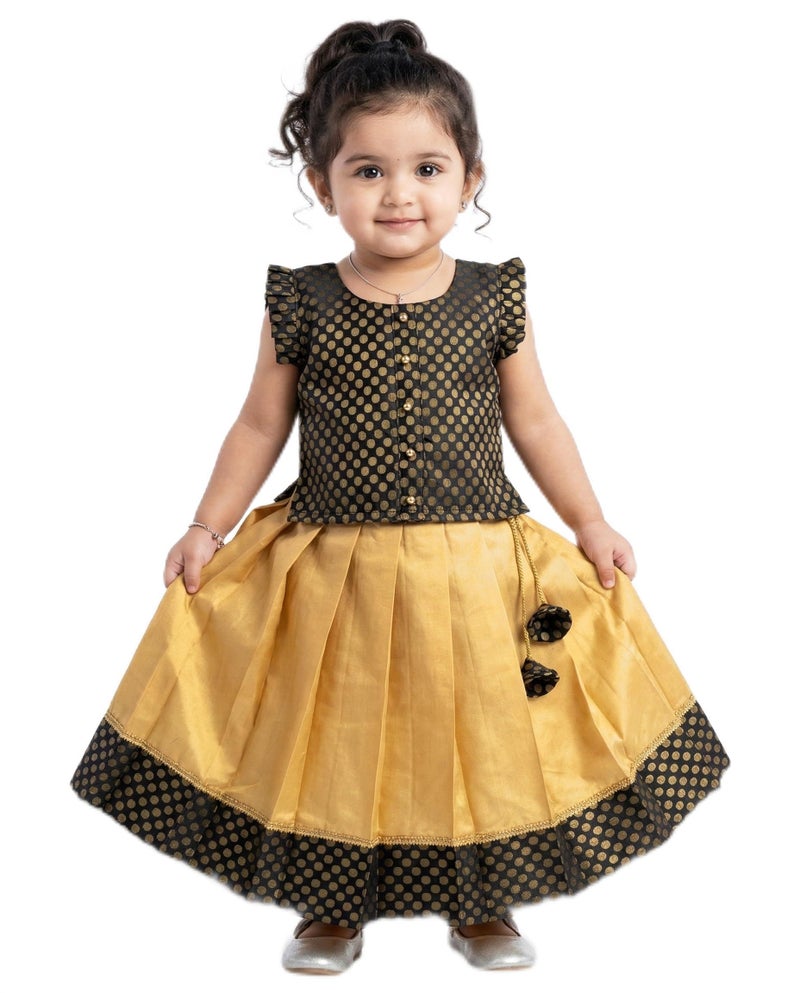 Stanwells Kids Lehenga Choli For Girls Polka Dots Silk Traditional Dress Ethnic Wear Lehenga For Baby Girls Kerala South Indian Pattu Pavadai (Golden & Black 6-12 Months) - Image 5