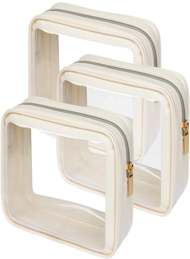 PACKISM Clear Makeup Bag - Soft Plastic Color-Edged TSA Approved Toiletry Bag, Reusable Clear Toiletry Bags with Golden Zipper, Beige - Image 1