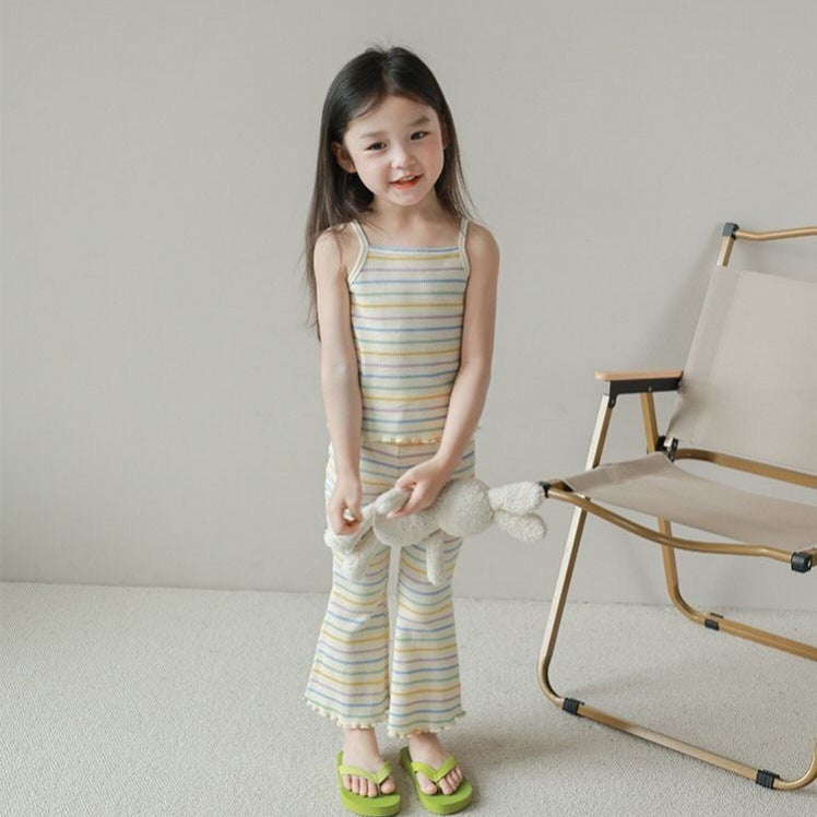Girls Summer Korean Fashion Ice Silk Stripe Vest Flare Pants Set Off-white stripes - Image 1