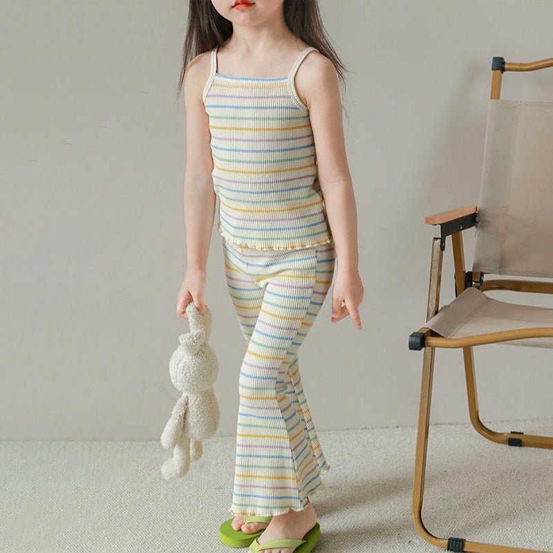 Girls Summer Korean Fashion Ice Silk Stripe Vest Flare Pants Set Off-white stripes - Image 2