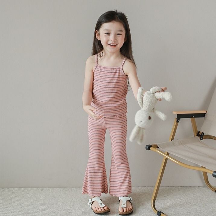 Girls Summer Korean Fashion Ice Silk Stripe Vest Flare Pants Set Off-white stripes - Image 3