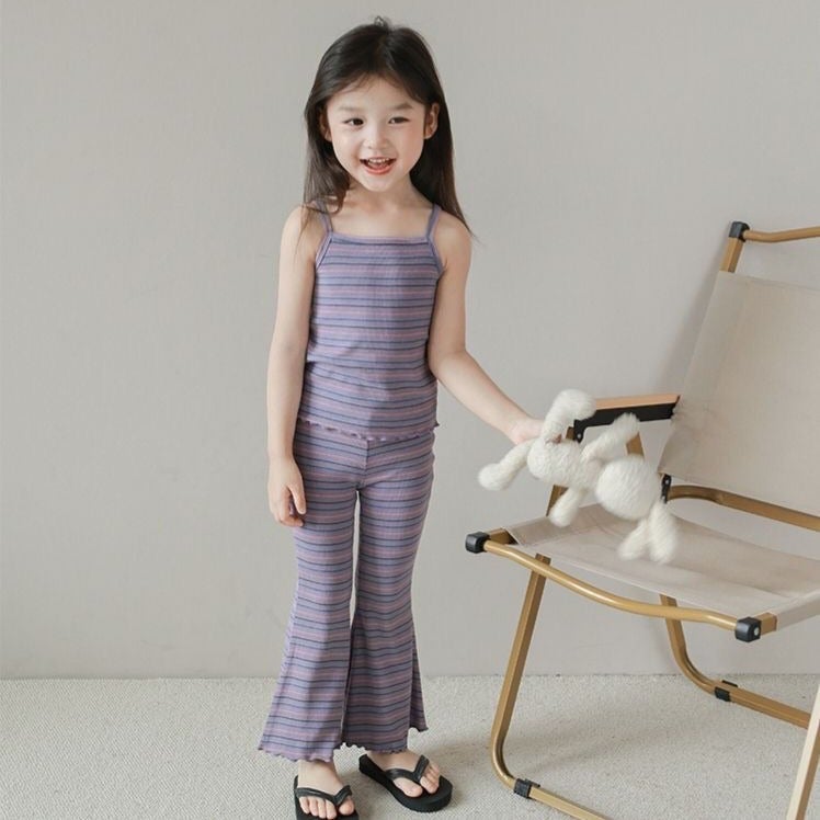 Girls Summer Korean Fashion Ice Silk Stripe Vest Flare Pants Set Off-white stripes - Image 5