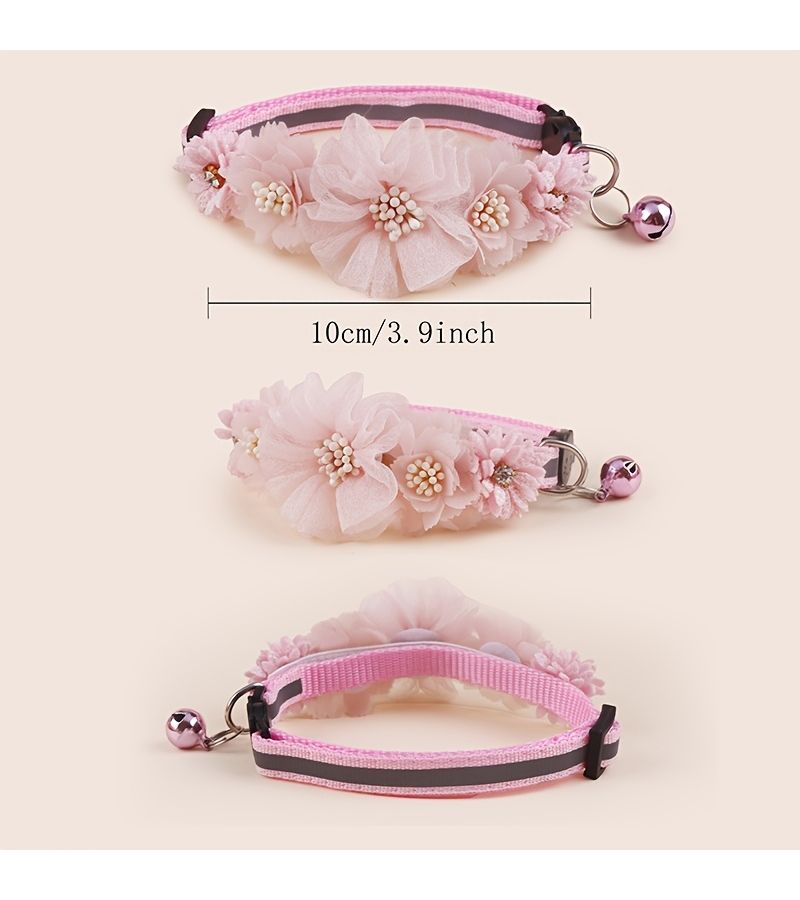 Milky Adjustable Pet Collar With Simulated Mesh Flower And Bell - Image 2