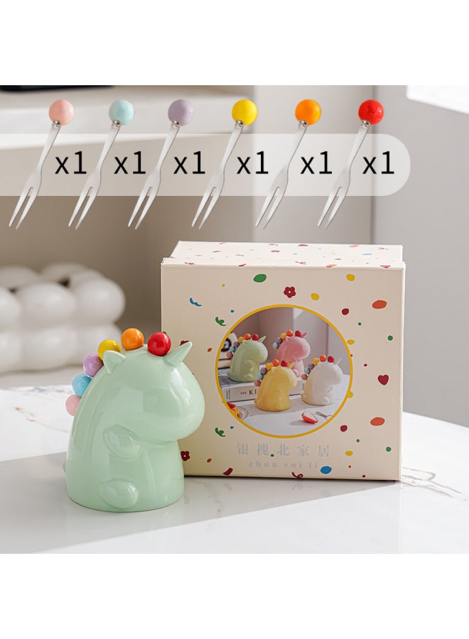 Silver Huaibei Fruit Fork Household Stainless Steel Light Luxury High-end Storage Cans Suit Children's Safe Cute Small Fork-Specifications:Fruit Green Unicorn + 6 Forks