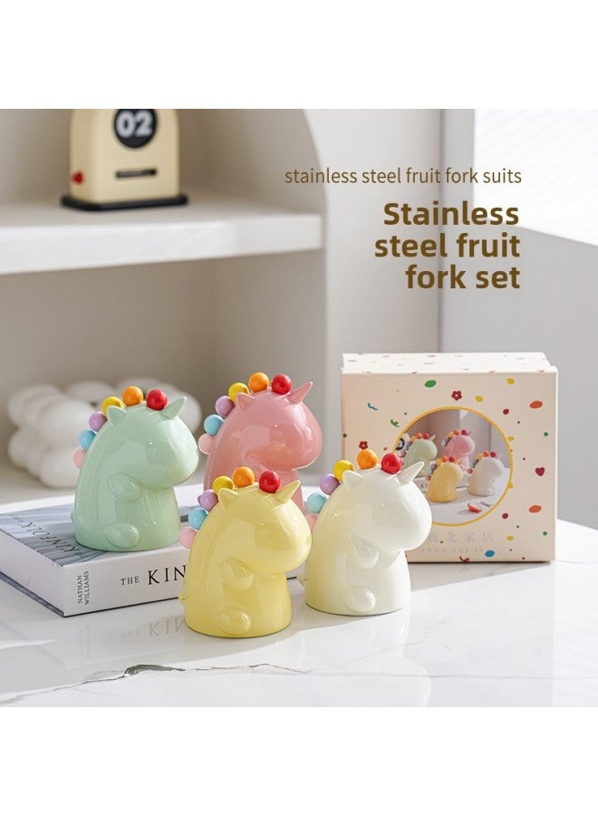 Silver Huaibei Fruit Fork Household Stainless Steel Light Luxury High-end Storage Cans Suit Children's Safe Cute Small Fork-Specifications:Fruit Green Unicorn + 6 Forks
