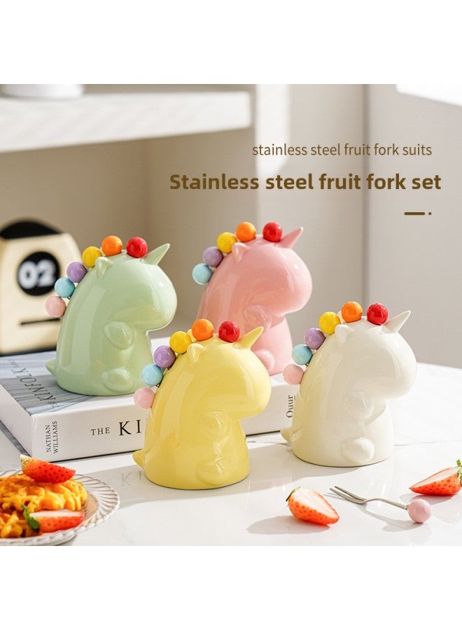 Silver Huaibei Fruit Fork Household Stainless Steel Light Luxury High-end Storage Cans Suit Children's Safe Cute Small Fork-Specifications:Fruit Green Unicorn + 6 Forks