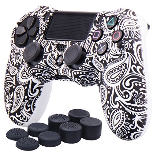 YoRHa Water Transfer Printing Flowers Silicone Cover Skin Case for Sony PS4/slim/Pro Dualshock 4 Controller x 1(White) with Pro Thumb Grips x 8 - Image 1