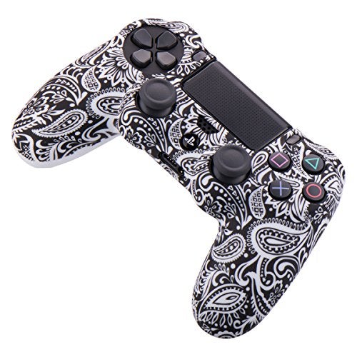 YoRHa Water Transfer Printing Flowers Silicone Cover Skin Case for Sony PS4/slim/Pro Dualshock 4 Controller x 1(White) with Pro Thumb Grips x 8 - Image 2