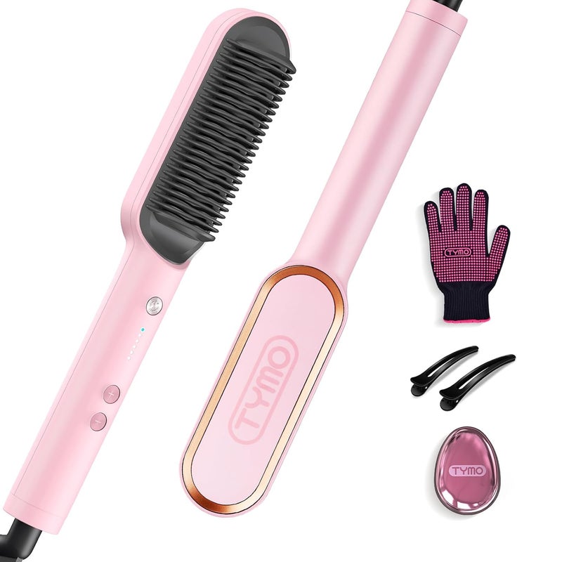 TYMO Hair Straightener Brush, Ring Hair Straightener Comb Straightening Brush for Women with 5 Temps 20s Fast Heating & Dual Voltage, Pink - Image 1