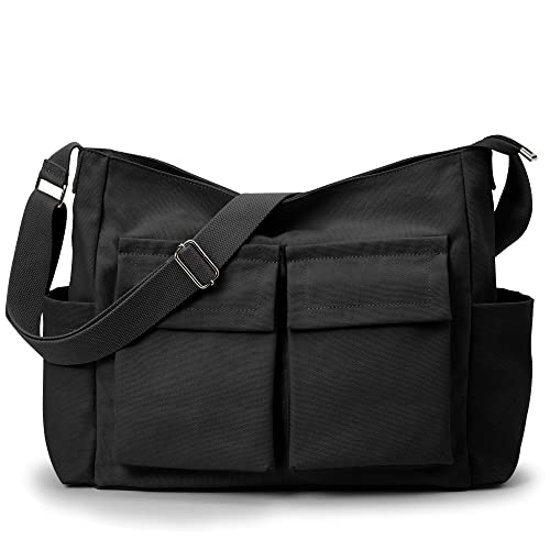 KALIDI FANCY FOREST KALIDI Canvas Tote Messenger Bag with Pockets, Large Crossbody Bag for Women or Men, Casual Canvas Shoulder Bag for College Work Travel Daily, Black - Image 1