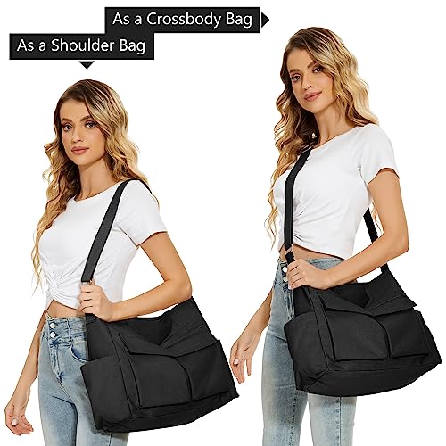 KALIDI FANCY FOREST KALIDI Canvas Tote Messenger Bag with Pockets, Large Crossbody Bag for Women or Men, Casual Canvas Shoulder Bag for College Work Travel Daily, Black - Image 2
