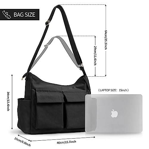 KALIDI FANCY FOREST KALIDI Canvas Tote Messenger Bag with Pockets, Large Crossbody Bag for Women or Men, Casual Canvas Shoulder Bag for College Work Travel Daily, Black - Image 4