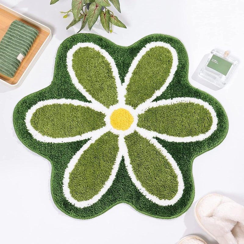 TRUEDAYS Green Flower Bath Mat for Bathroom Floor, Small Anti Slip Water Absorption Bath Rug, Ultra Soft and Fluffy Bathroom Rug, Fun Decorative Machine Washable Bath Mat - Image 1