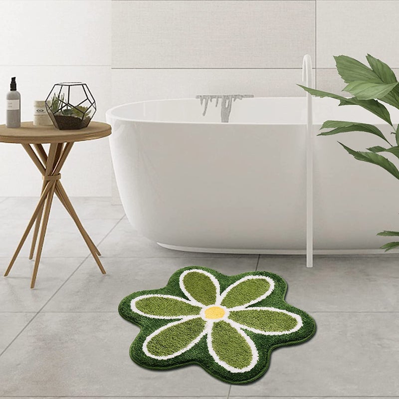 TRUEDAYS Green Flower Bath Mat for Bathroom Floor, Small Anti Slip Water Absorption Bath Rug, Ultra Soft and Fluffy Bathroom Rug, Fun Decorative Machine Washable Bath Mat - Image 2