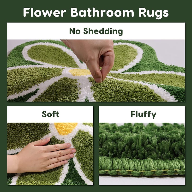 TRUEDAYS Green Flower Bath Mat for Bathroom Floor, Small Anti Slip Water Absorption Bath Rug, Ultra Soft and Fluffy Bathroom Rug, Fun Decorative Machine Washable Bath Mat - Image 5