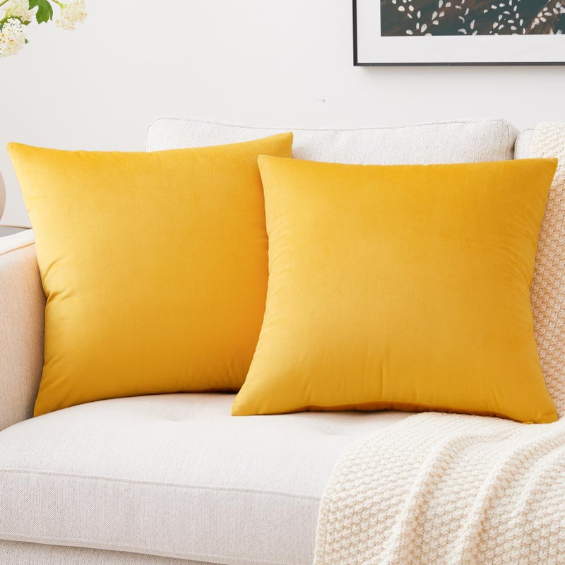 Mixhug Decorative Throw Pillow Covers Velvet Cushion Covers Solid Throw Pillow Cases for Couch and Bed Pillows Mustard Yellow 20 x 20 Inches Set of 2