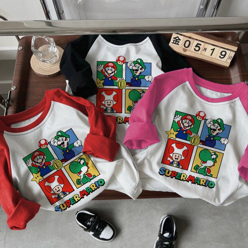 Pure Cotton Kidsren'S T-Shirt Long-Sleeved Boys And Girls Clothing 2025 Cute Cartoon Anime Mario Kidsren'S Tops Spring & Fall - Image 3