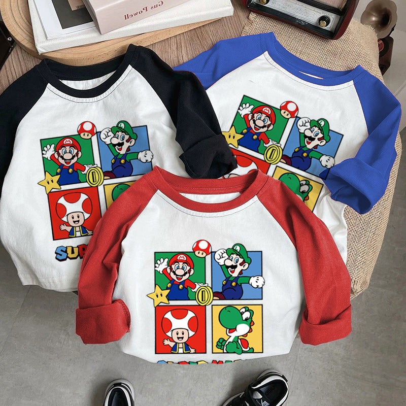 Pure Cotton Kidsren'S T-Shirt Long-Sleeved Boys And Girls Clothing 2025 Cute Cartoon Anime Mario Kidsren'S Tops Spring & Fall - Image 4