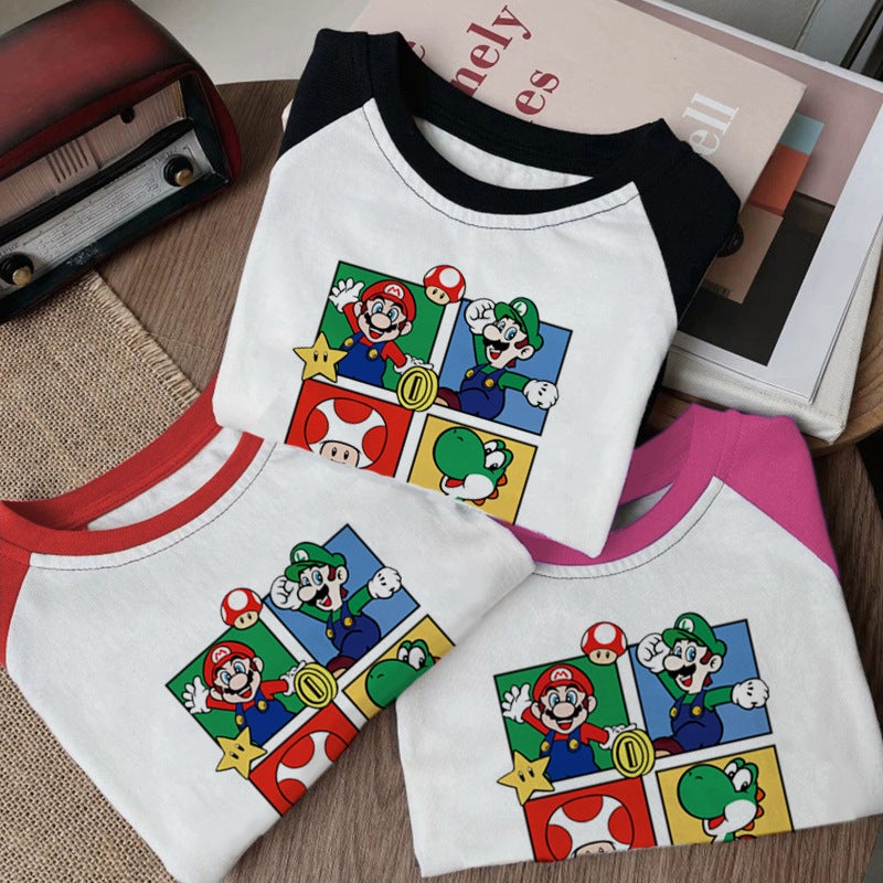 Pure Cotton Kidsren'S T-Shirt Long-Sleeved Boys And Girls Clothing 2025 Cute Cartoon Anime Mario Kidsren'S Tops Spring & Fall - Image 2