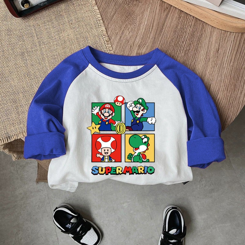 Pure Cotton Kidsren'S T-Shirt Long-Sleeved Boys And Girls Clothing 2025 Cute Cartoon Anime Mario Kidsren'S Tops Spring & Fall - Image 1