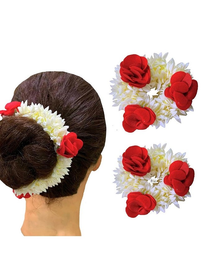 SUN Ring SUNRING Artificial Flower Hair Gajra Wedding Scrunchie Gajra Bracelet, Indian Wedding Jewelery, Hair Gajra, Hair Accessories, Mogra Gajra (White - Red) - Image 1