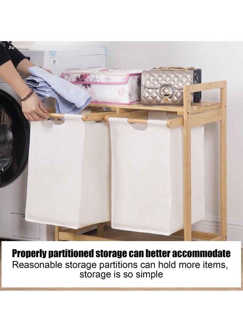 WALALLA Bamboo Laundry Hamper with Shelf, 2 Section Wooden Laundry Basket with Sliding Removable Bags, Freestanding Laundry Sorter for Bathroom Bedroom Living Room Laundry Room, Grey Pull-Out Bags - Image 5