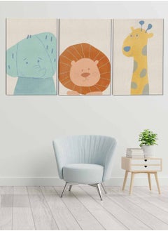 LOWHA Set Of 3 Framed Canvas Wall Arts Stretched Over Wooden Frame Kids Lion Elephant Giraffe Paintings For Home Living Room Office Decor  - Image 1