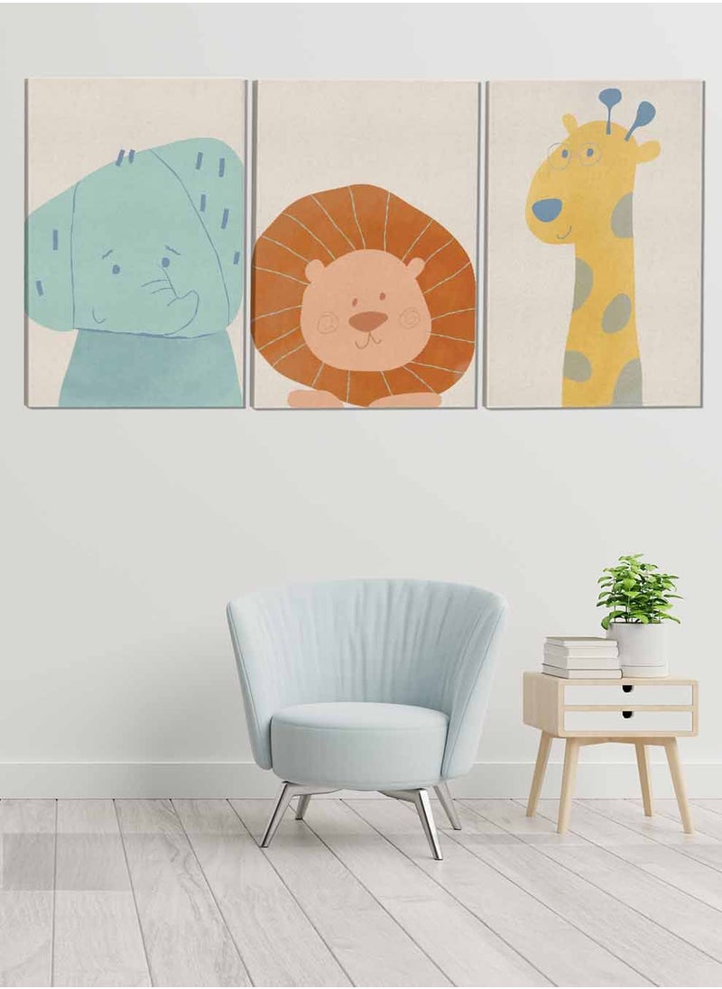 LOWHA Set Of 3 Framed Canvas Wall Arts Stretched Over Wooden Frame Kids Lion Elephant Giraffe Paintings For Home Living Room Office Decor  - Image 1